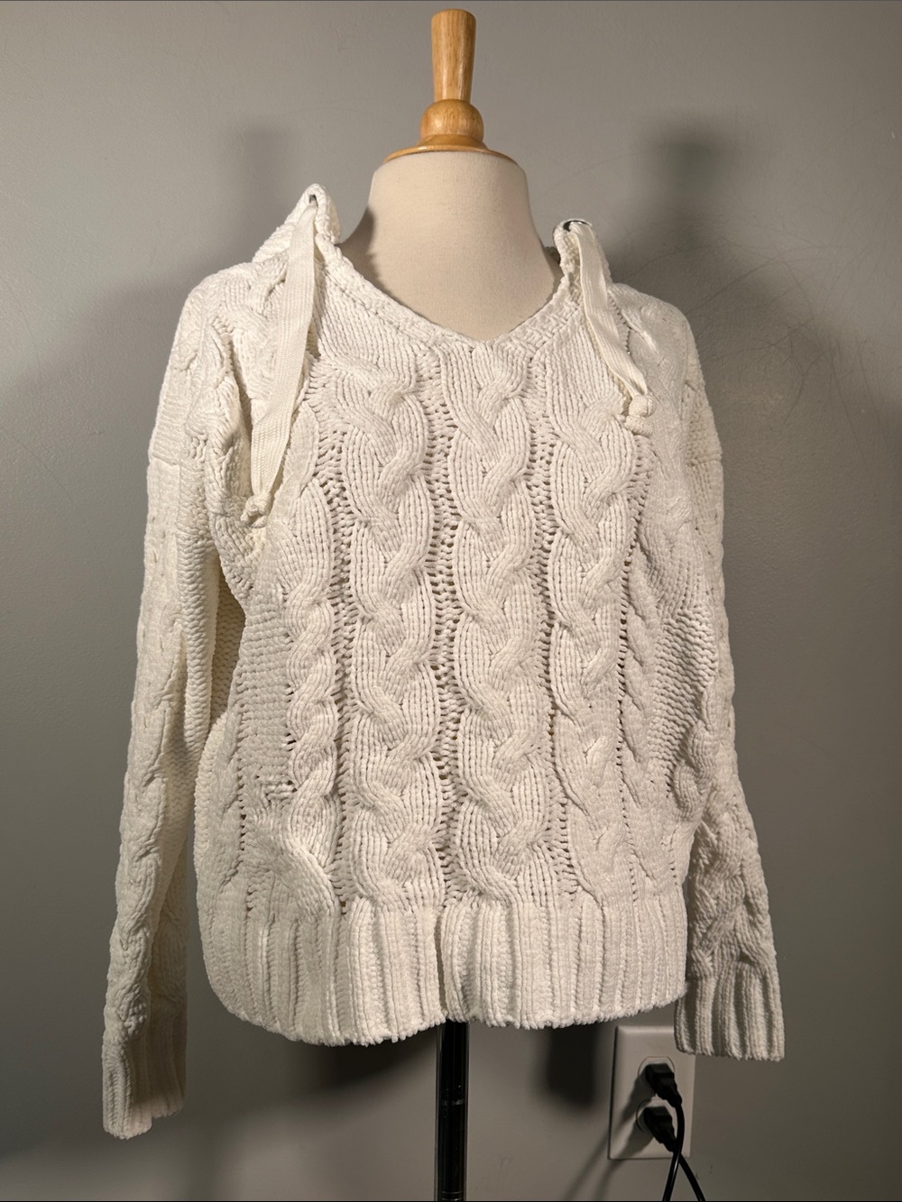 White V-Neck Hooded Sweater - Picture 2 of 5